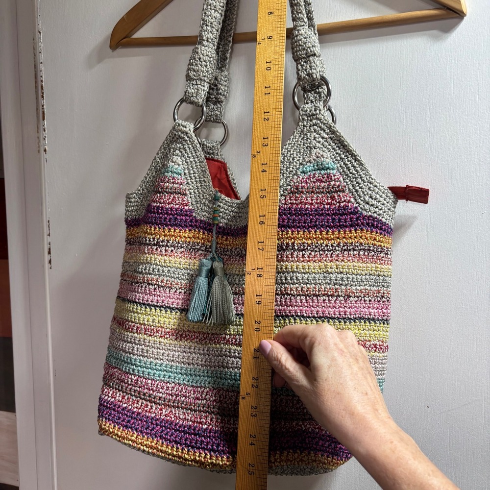 The Sak Striped Crochet Hobo Bag Multi Color Tassel Shoulder Tote Boho Retro - Picture 7 of 11